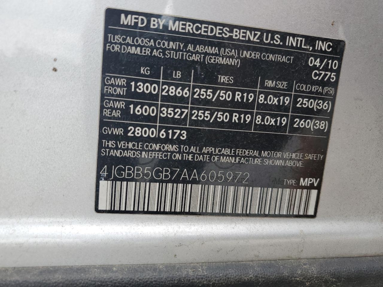 4JGBB5GB7AA605972 2010 Mercedes-Benz Ml 350