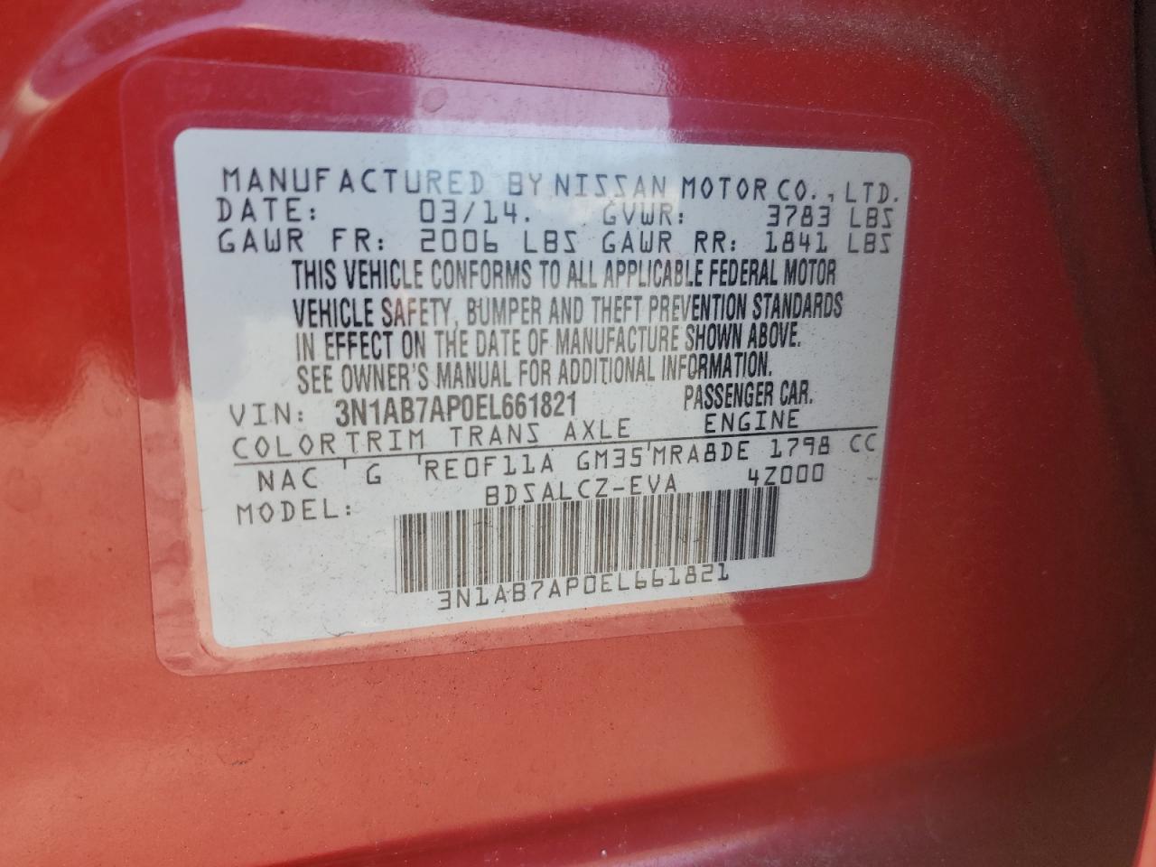 3N1AB7AP0EL661821 2014 Nissan Sentra S