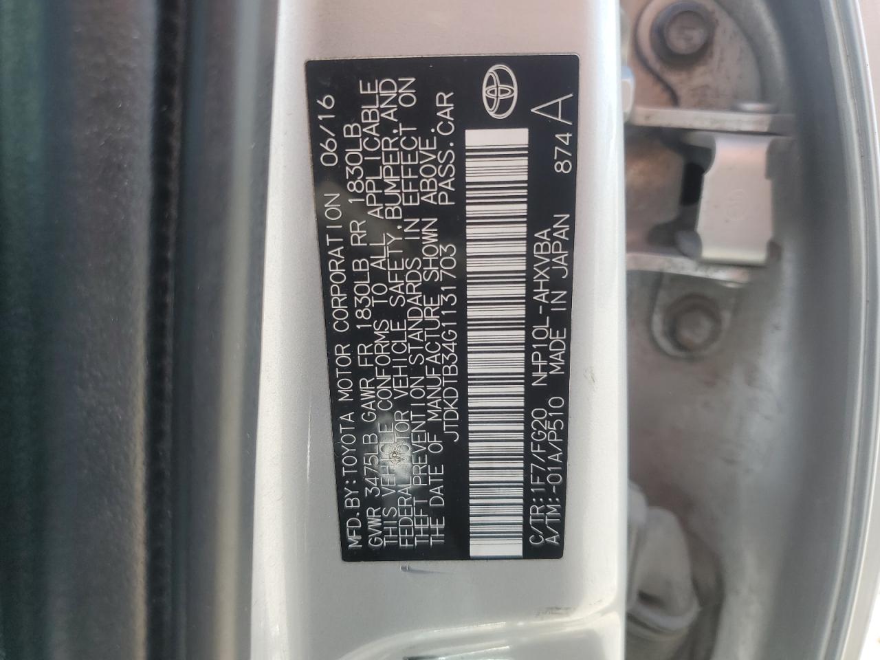 JTDKDTB34G1131703 2016 Toyota Prius C