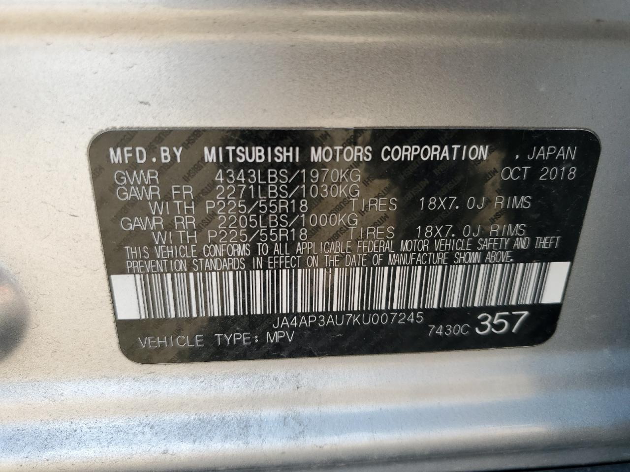 JA4AP3AU7KU007245 2019 Mitsubishi Outlander Sport Es