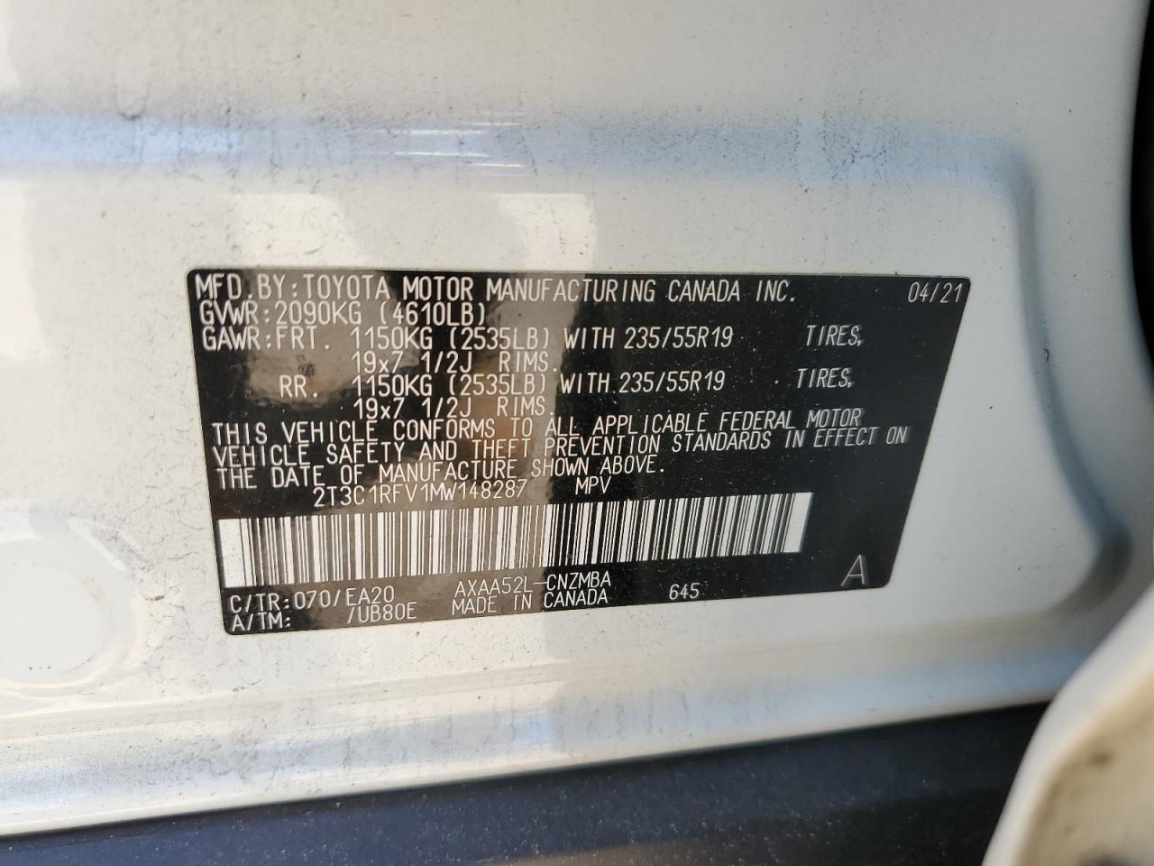 2T3C1RFV1MW148287 2021 Toyota Rav4 Xle Premium