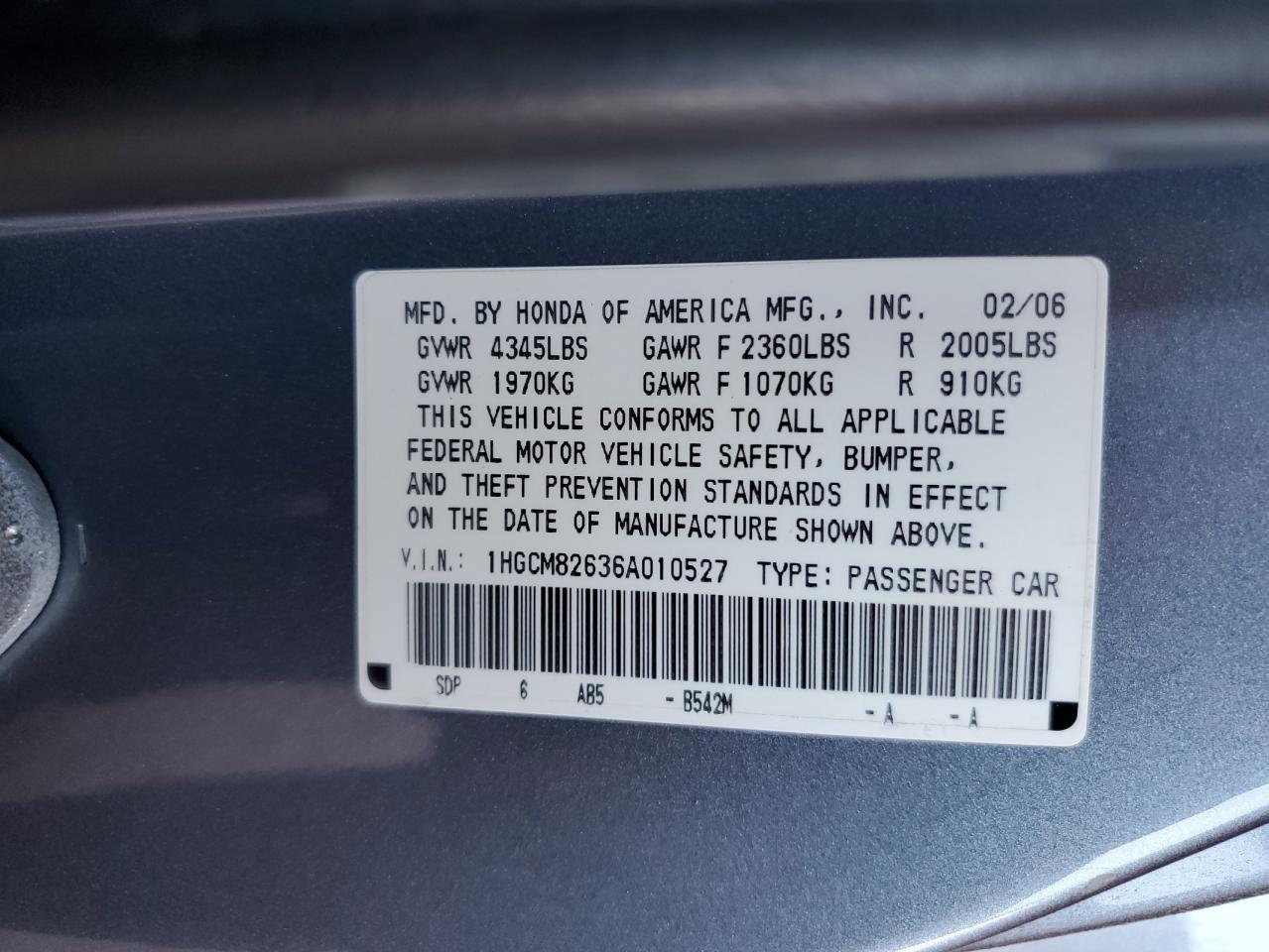 1HGCM82636A010527 2006 Honda Accord Ex