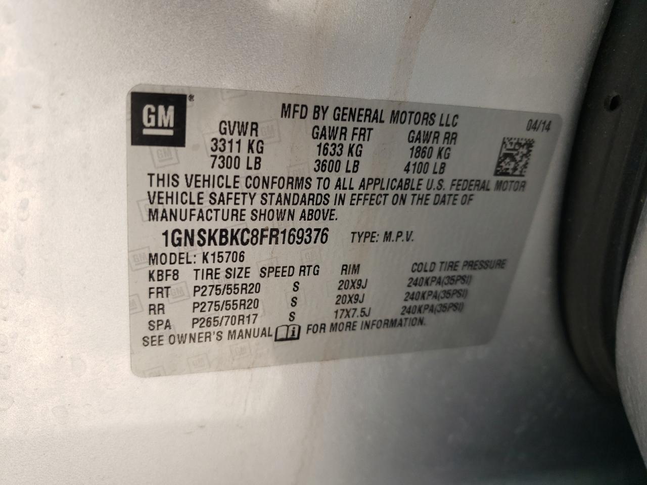 1GNSKBKC8FR169376 2015 Chevrolet Tahoe K1500 Lt