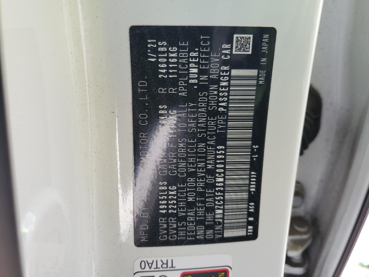 JHMZC5F36MC001959 2021 Honda Clarity Touring