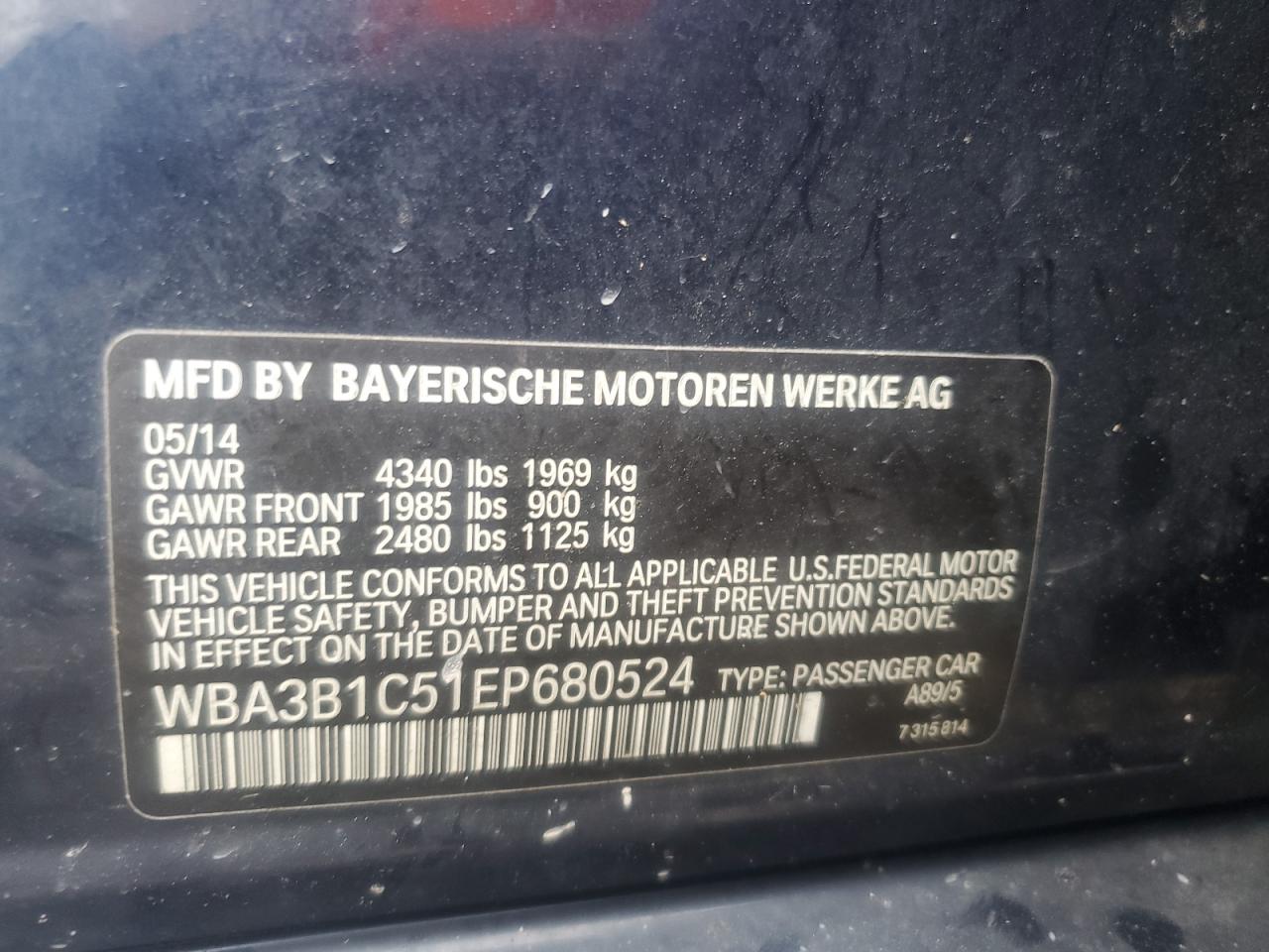 WBA3B1C51EP680524 2014 BMW 320 I