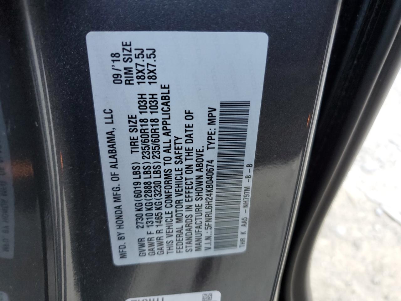 5FNRL6H24KB040674 2019 Honda Odyssey Lx