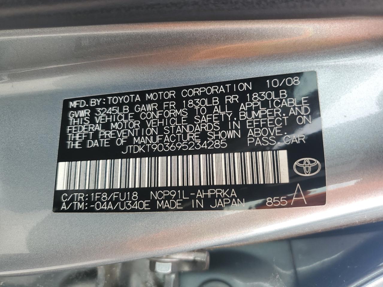 JTDKT903695234285 2009 Toyota Yaris