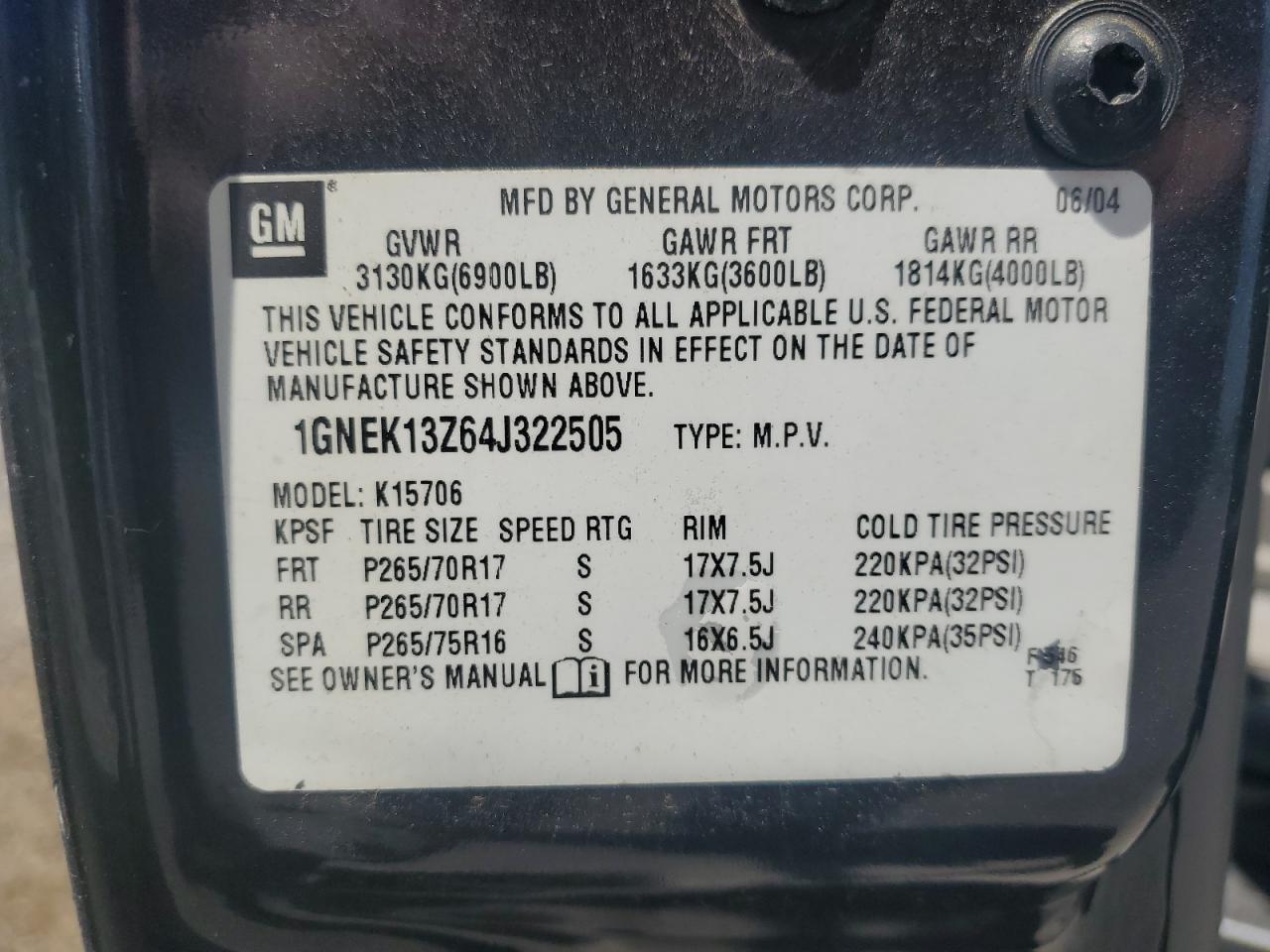 1GNEK13Z64J322505 2004 Chevrolet Tahoe K1500