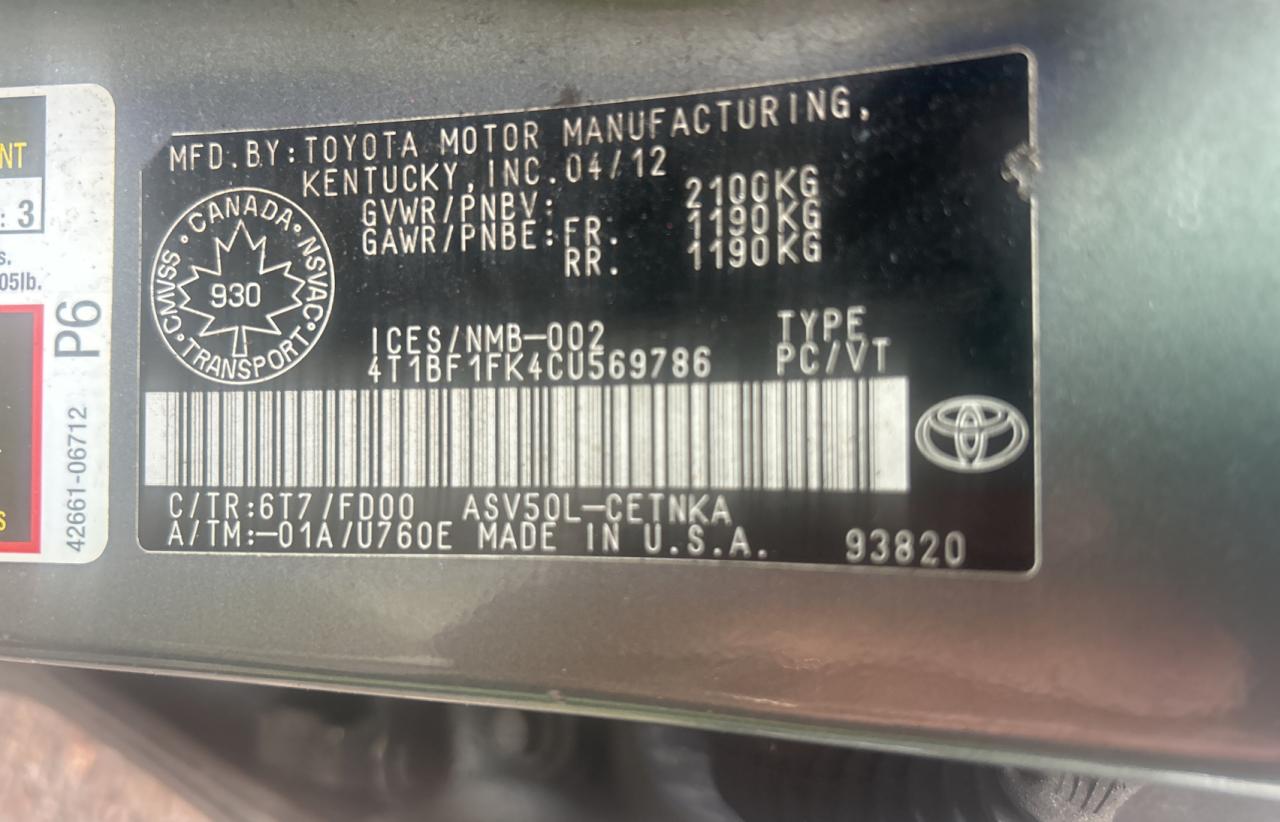 2012 Toyota Camry Base vin: 4T1BF1FK4CU569786