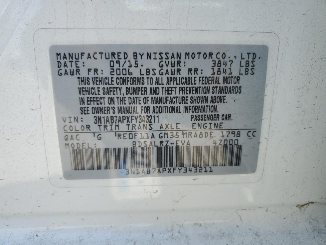 3N1AB7APXFY343211 2015 Nissan Sentra S