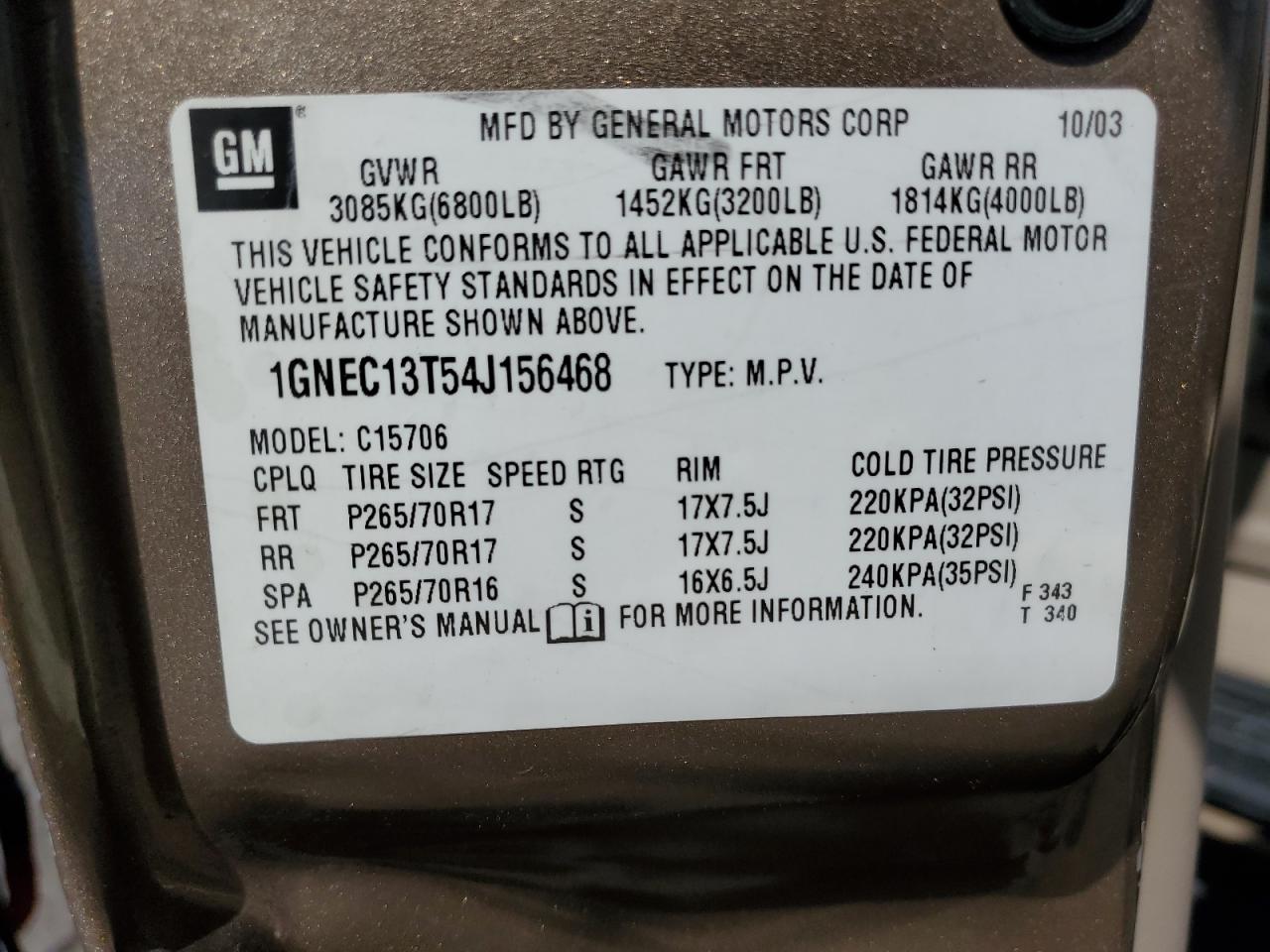 1GNEC13T54J156468 2004 Chevrolet Tahoe C1500