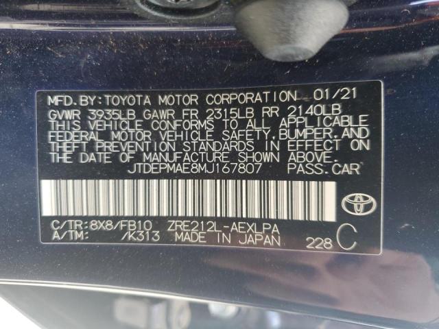 2021 Toyota Corolla Le VIN: JTDEPMAE8MJ167807 Lot: 57713564