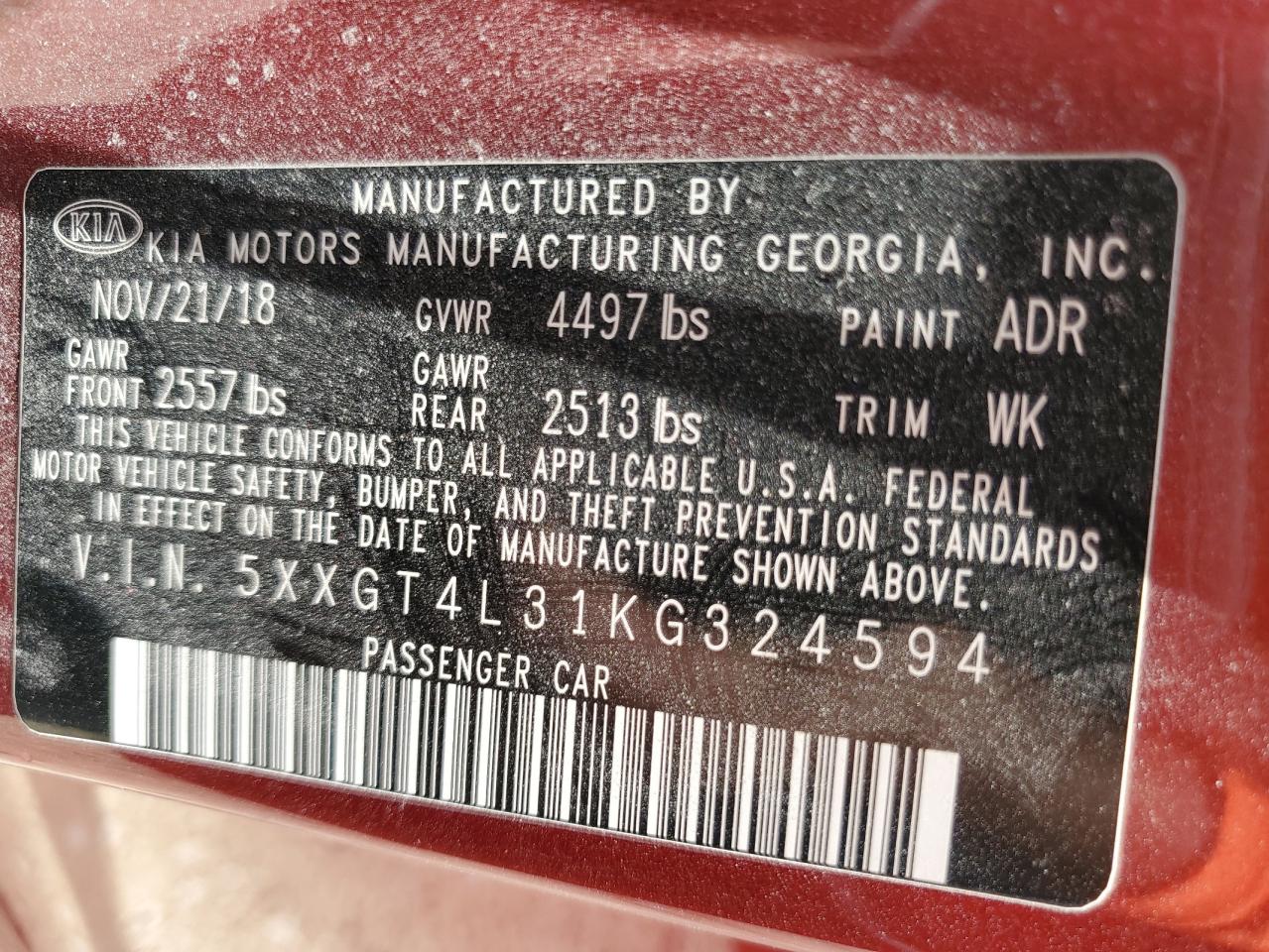 5XXGT4L31KG324594 2019 Kia Optima Lx