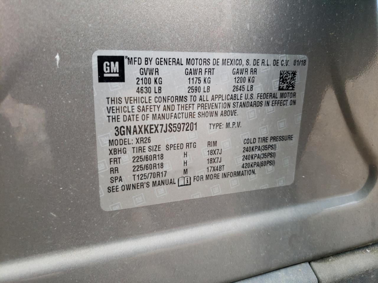 3GNAXKEX7JS597201 2018 Chevrolet Equinox Lt