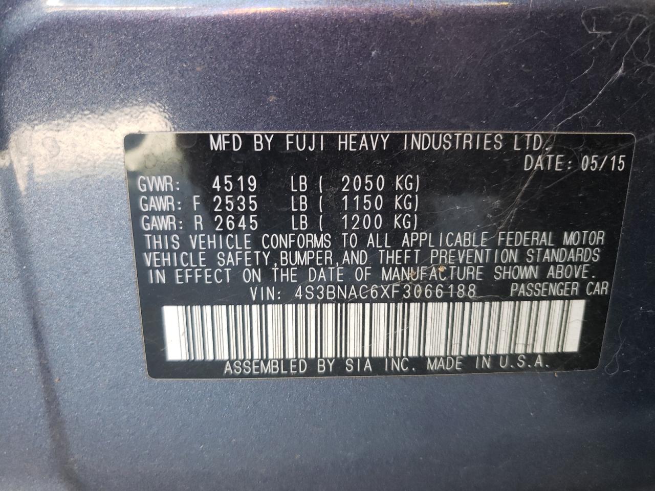 4S3BNAC6XF3066188 2015 Subaru Legacy 2.5I Premium