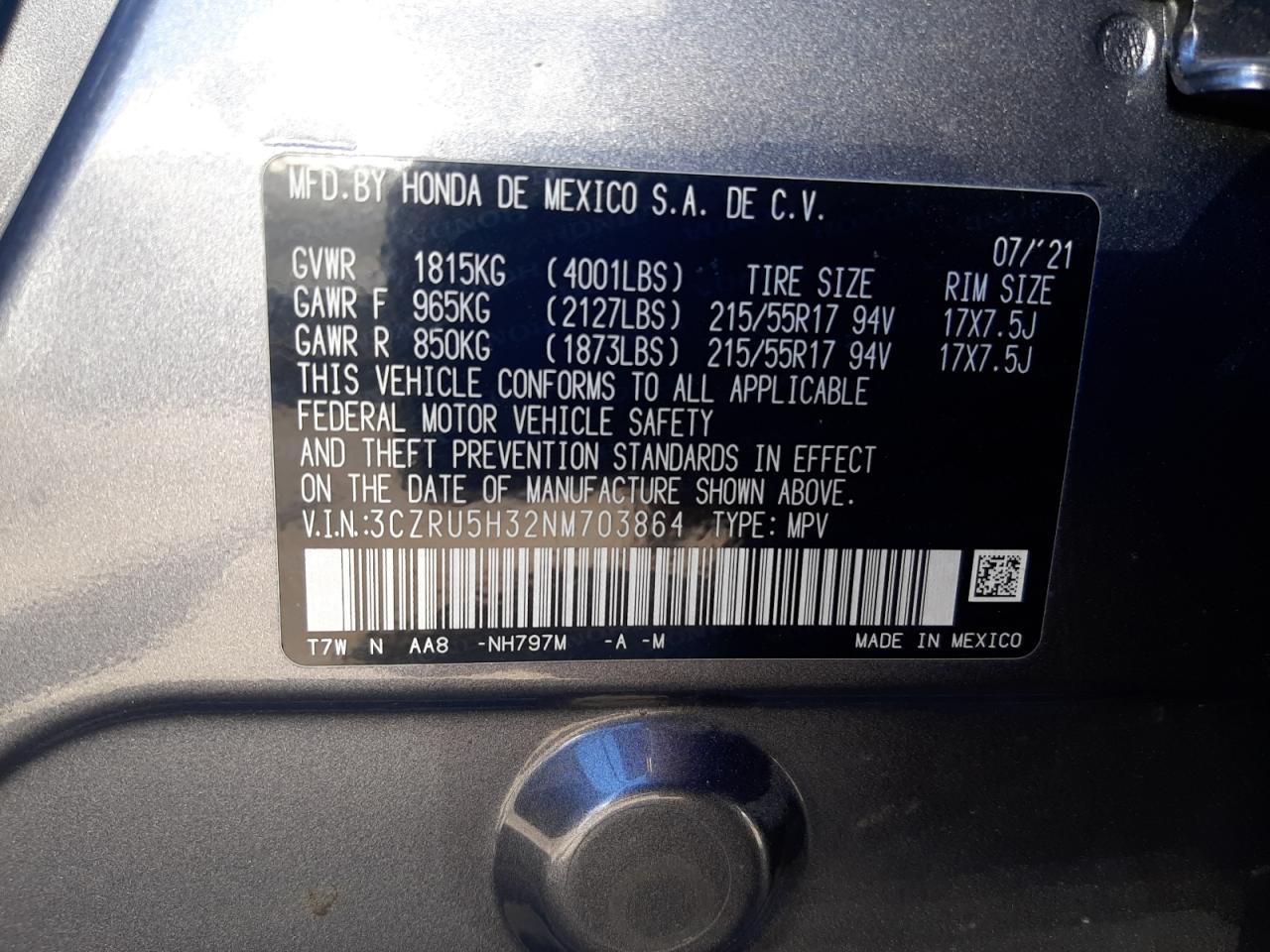 3CZRU5H32NM703864 2022 Honda Hr-V Lx