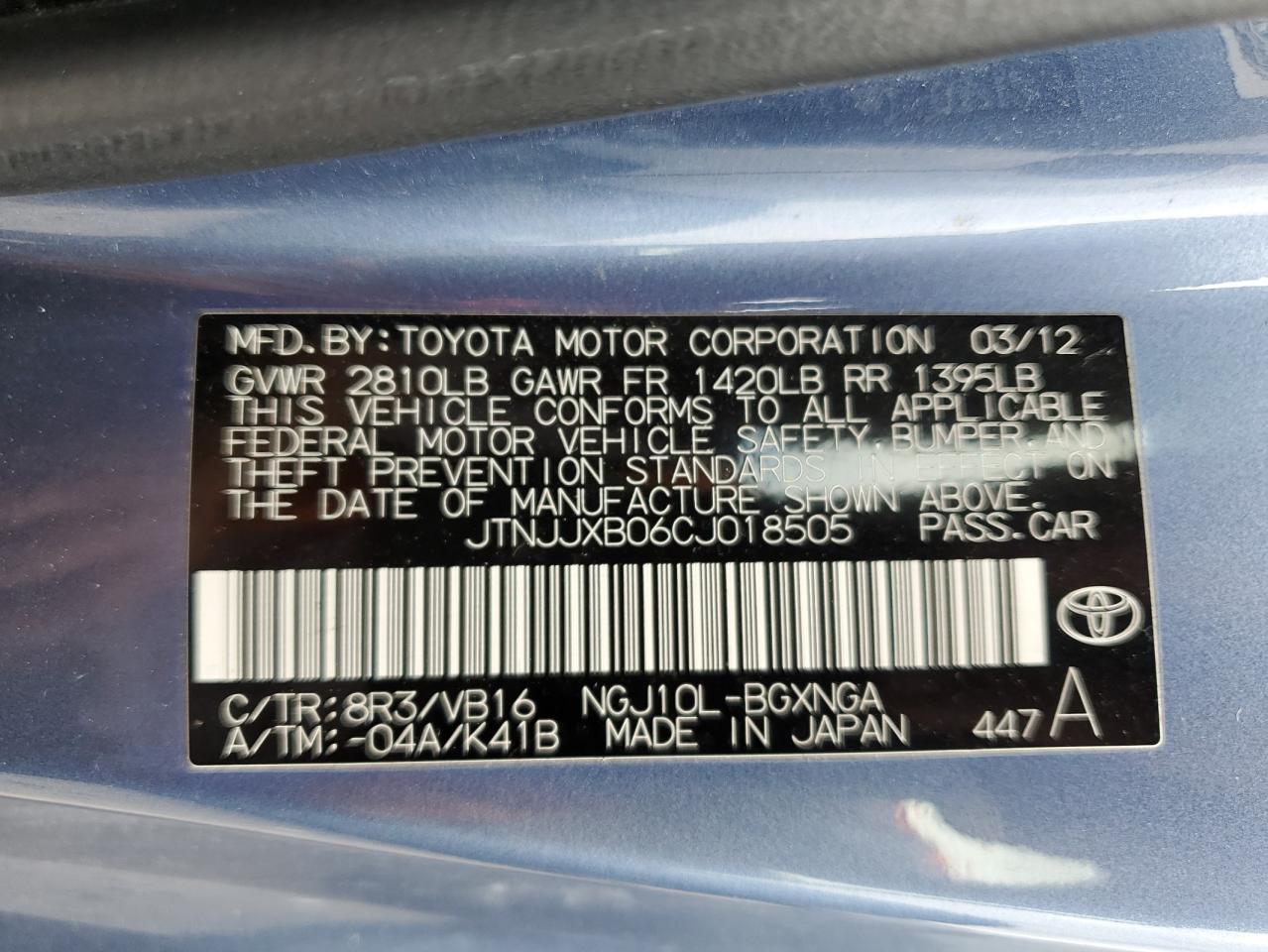 JTNJJXB06CJ018505 2012 Toyota Scion Iq