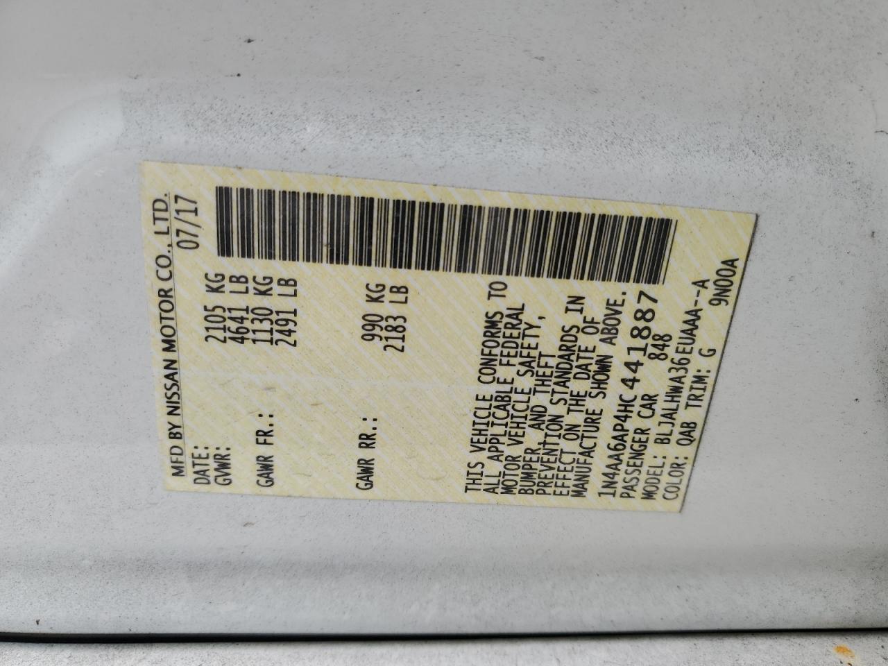 1N4AA6AP4HC441887 2017 Nissan Maxima 3.5S