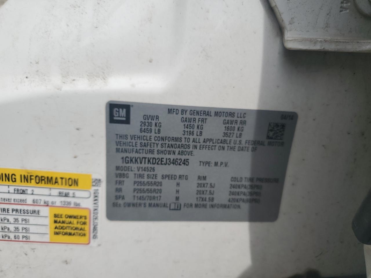 1GKKVTKD2EJ346245 2014 GMC Acadia Denali