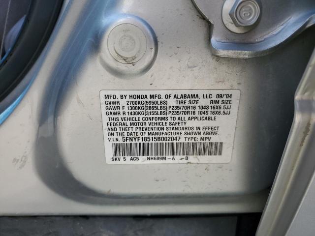 2005 Honda Pilot Exl VIN: 5FNYF18515B002047 Lot: 60971064