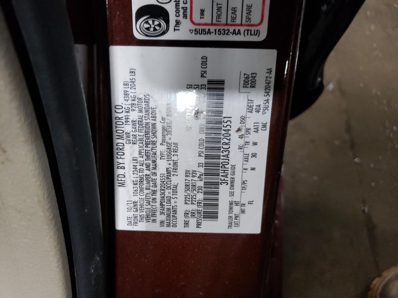 3FAHP0JA3CR204551 2012 Ford Fusion Sel