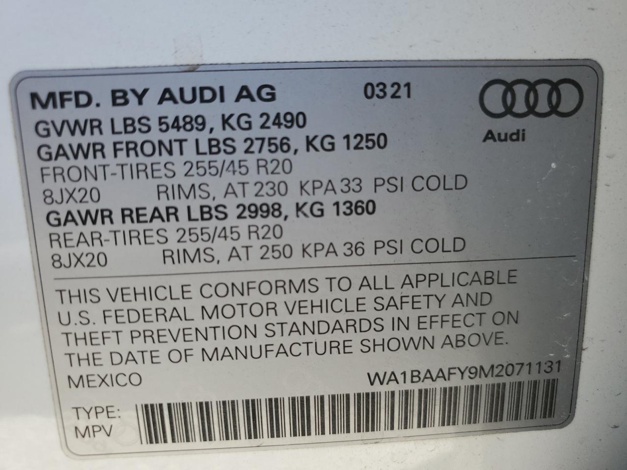 WA1BAAFY9M2071131 2021 Audi Q5 Premium Plus