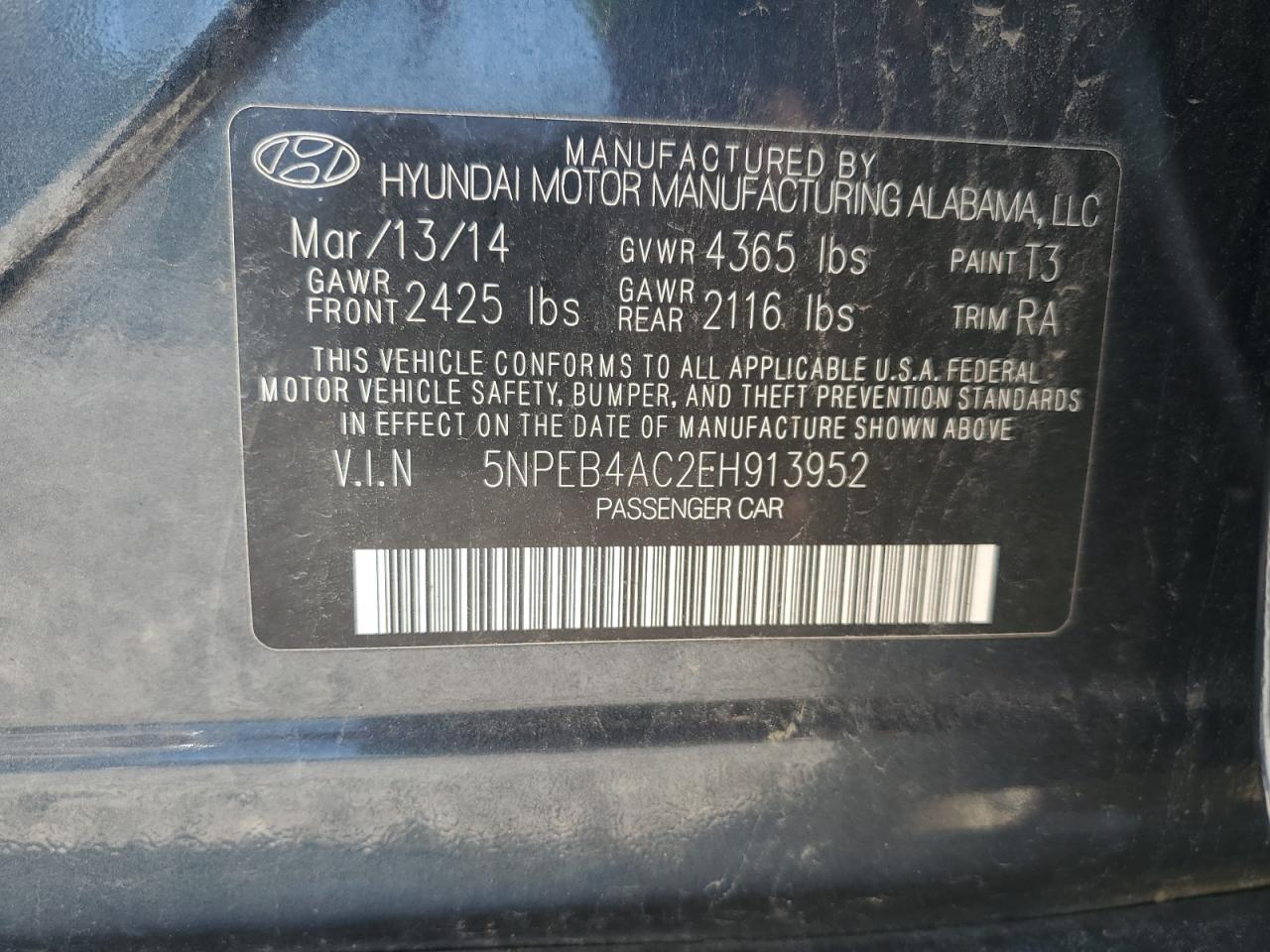 5NPEB4AC2EH913952 2014 Hyundai Sonata Gls