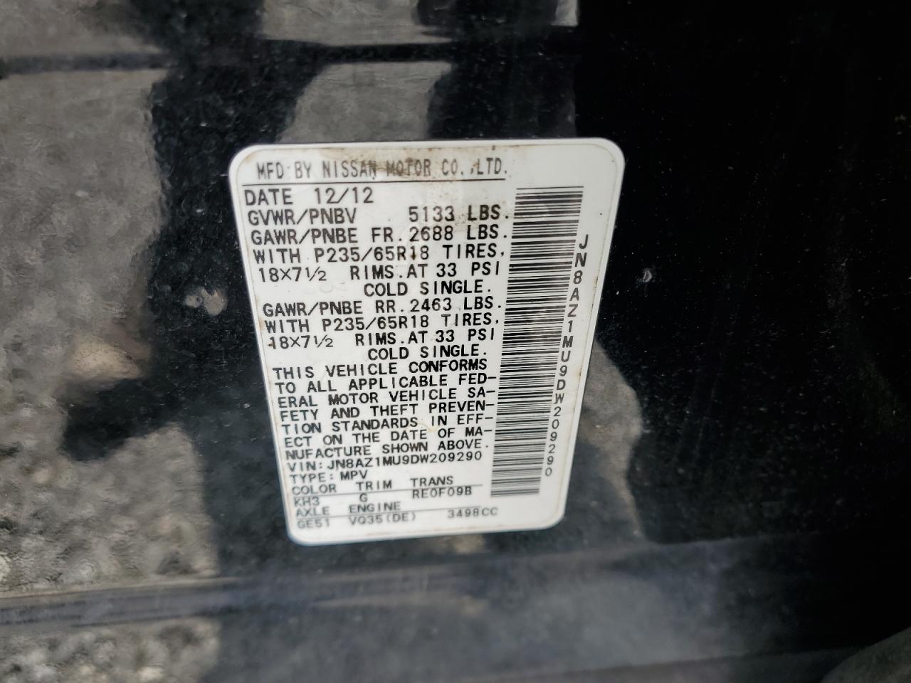 JN8AZ1MU9DW209290 2013 Nissan Murano S