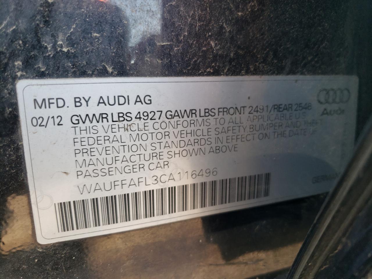 WAUFFAFL3CA116496 2012 Audi A4 Premium Plus