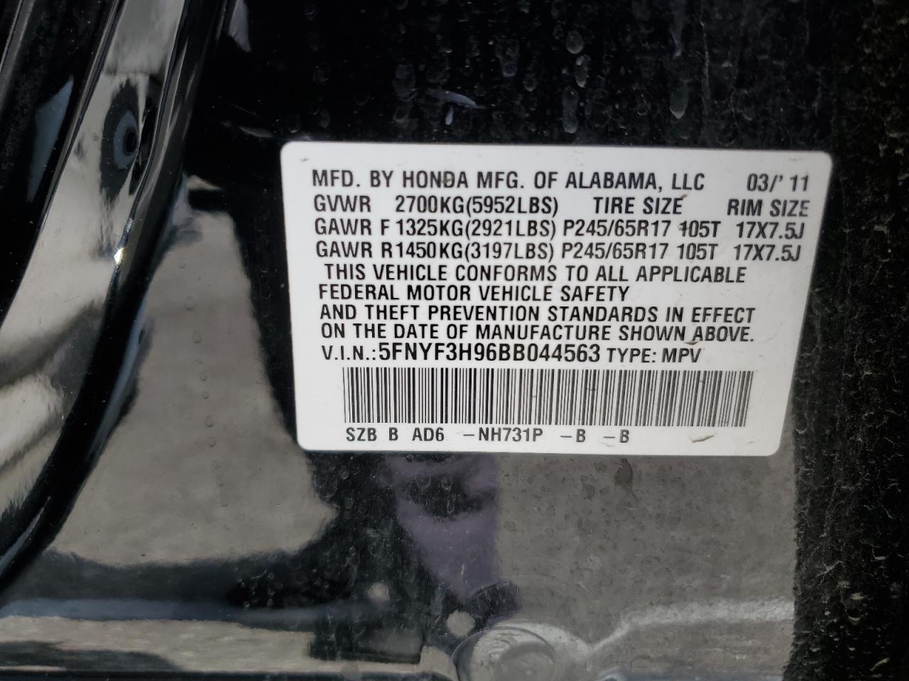 5FNYF3H96BB044563 2011 Honda Pilot Touring