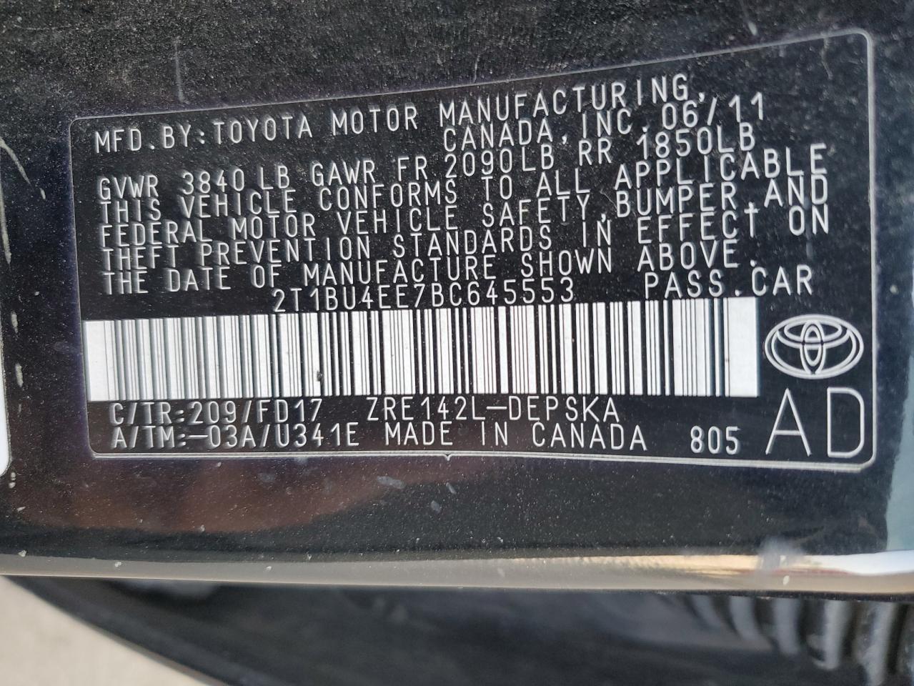 2T1BU4EE7BC645553 2011 Toyota Corolla Base