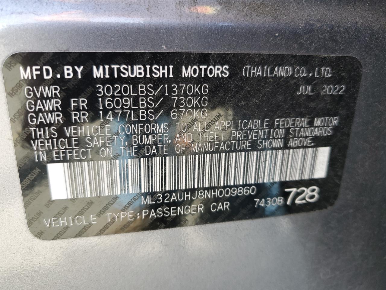 ML32AUHJ8NH009860 2022 Mitsubishi Mirage Es