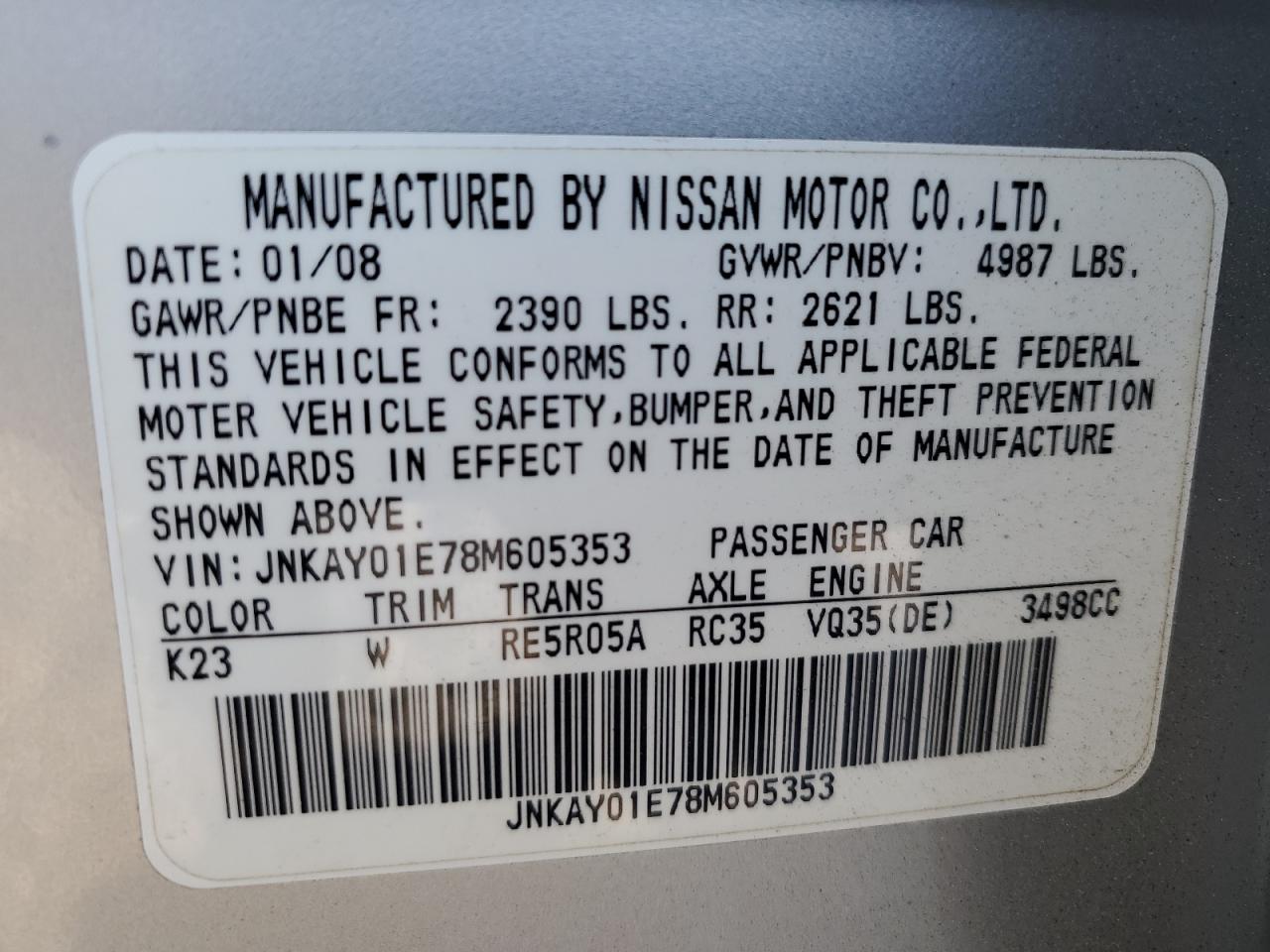 JNKAY01E78M605353 2008 Infiniti M35 Base