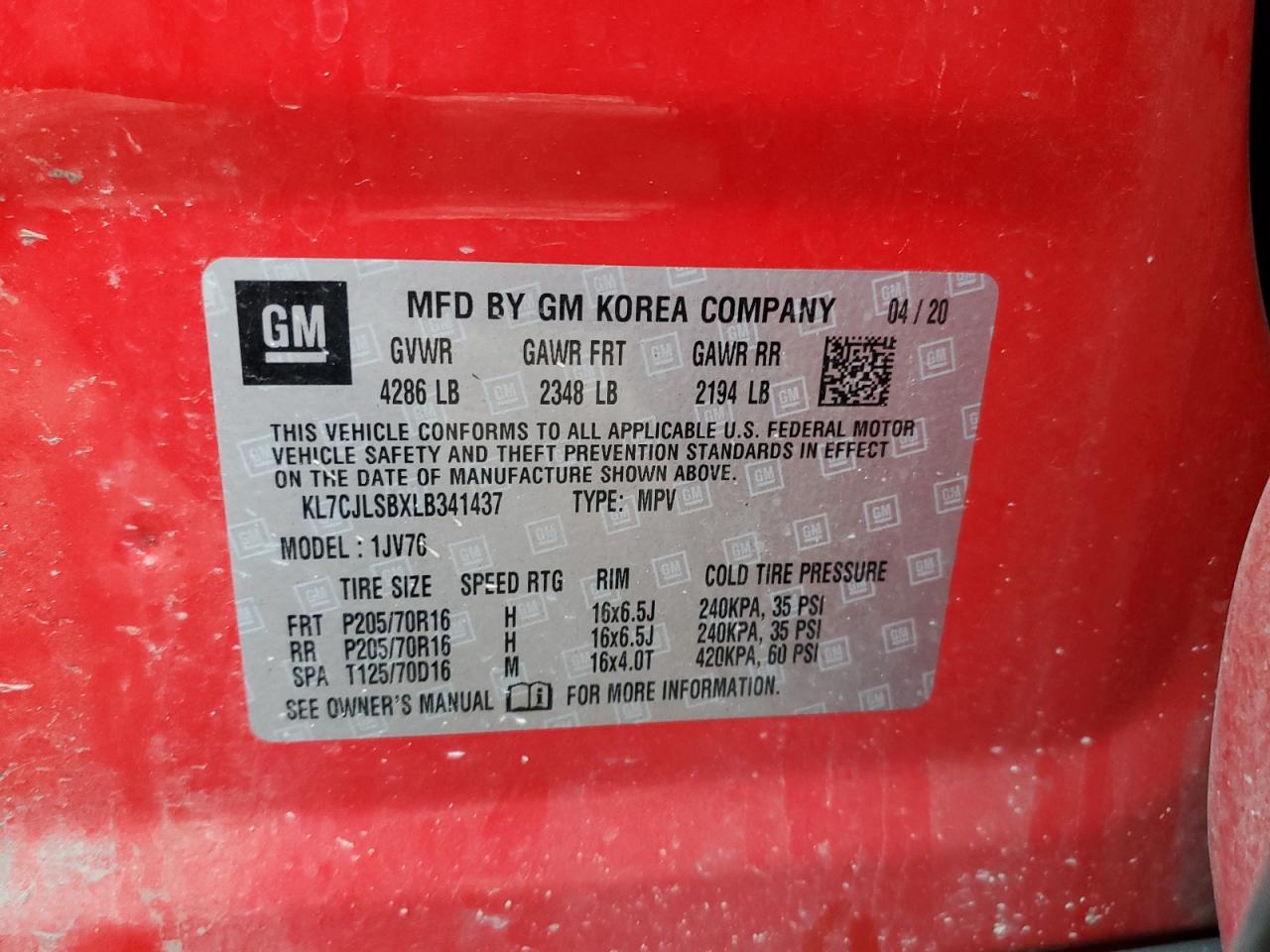 KL7CJLSBXLB341437 2020 Chevrolet Trax 1Lt