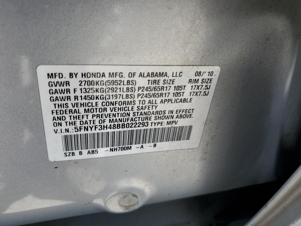 5FNYF3H48BB022293 2011 Honda Pilot Ex