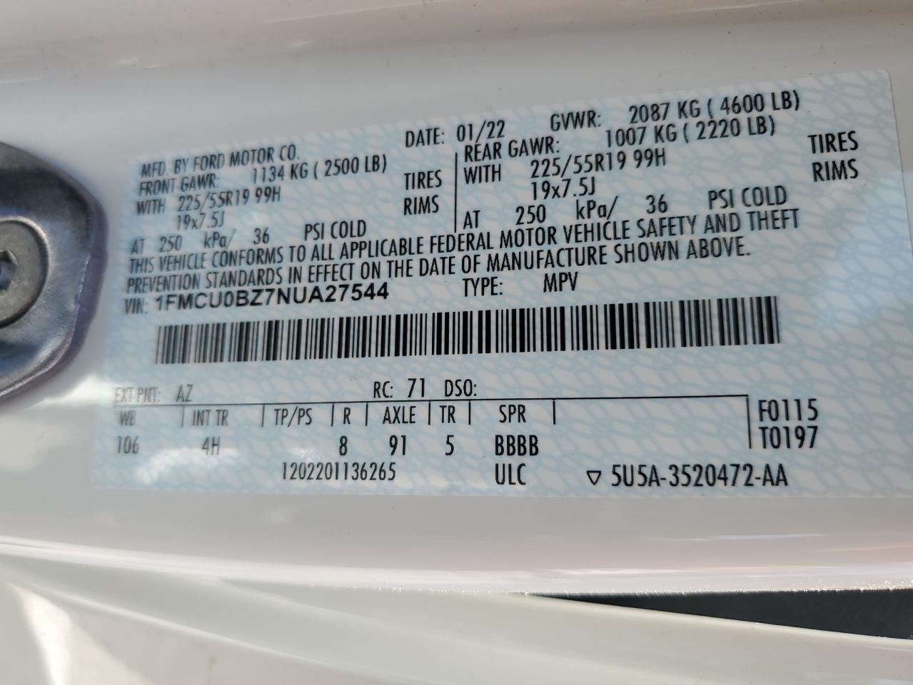 1FMCU0BZ7NUA27544 2022 Ford Escape Se