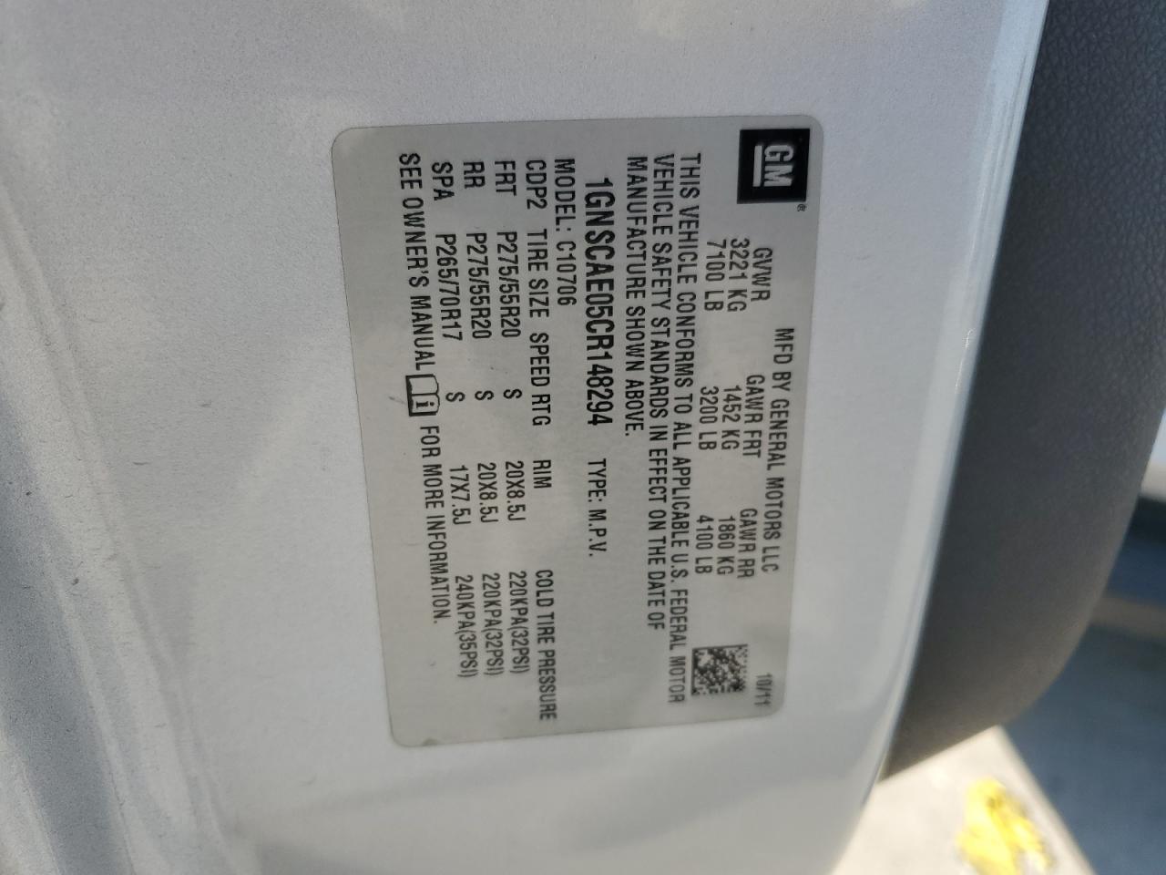 1GNSCAE05CR148294 2012 Chevrolet Tahoe C1500 Ls