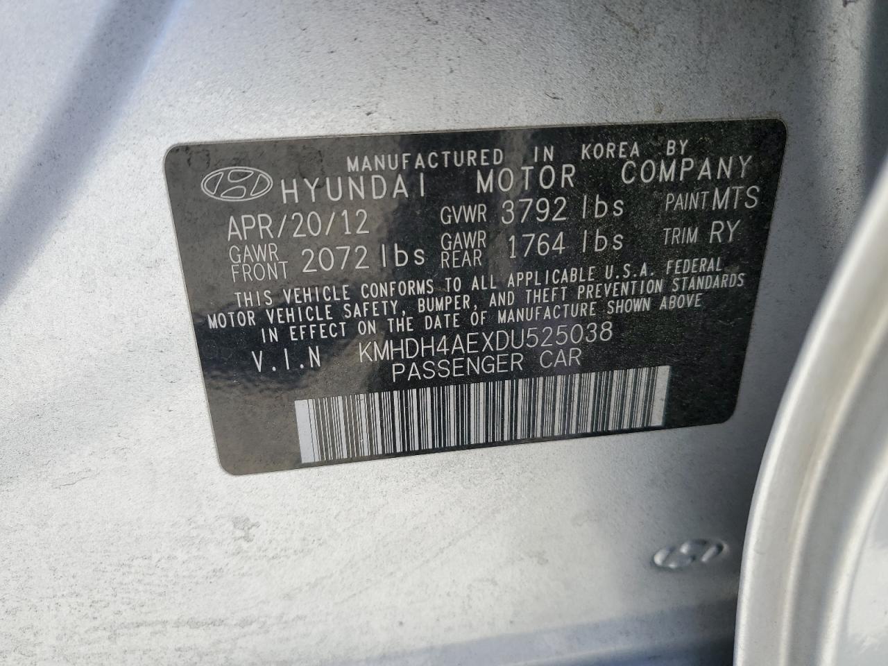 KMHDH4AEXDU525038 2013 Hyundai Elantra Gls