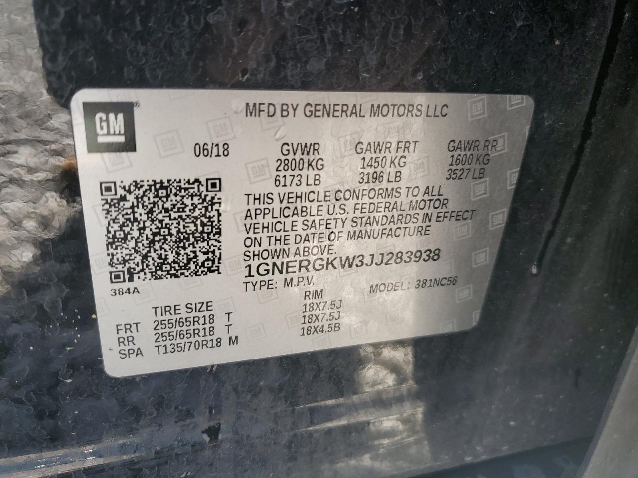 1GNERGKW3JJ283938 2018 Chevrolet Traverse Lt