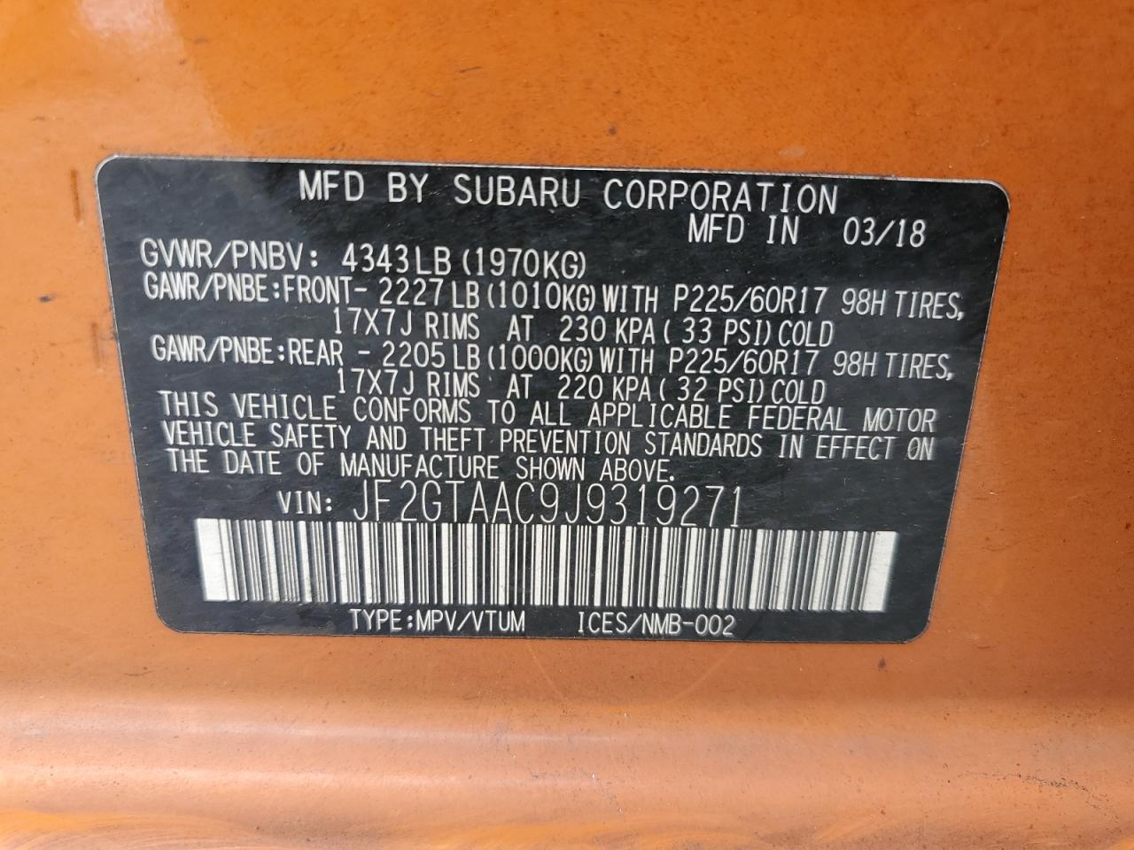 JF2GTAAC9J9319271 2018 Subaru Crosstrek