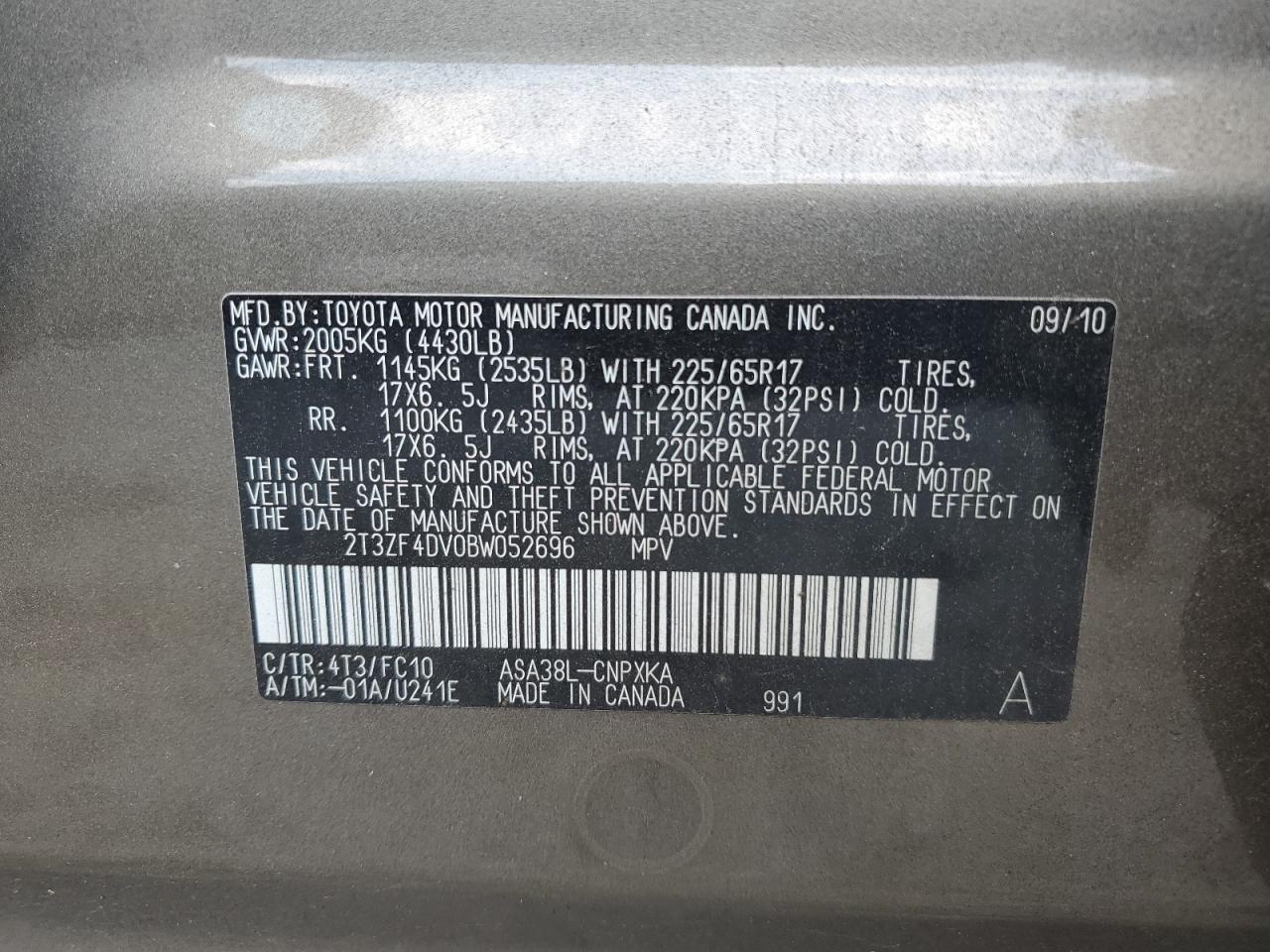 2T3ZF4DV0BW052696 2011 Toyota Rav4