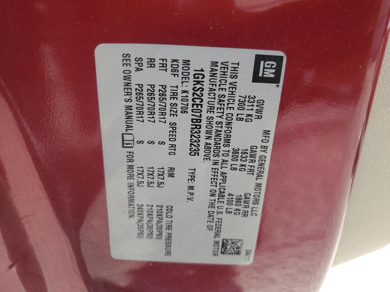 1GKS2CE07BR323235 2011 GMC Yukon Slt