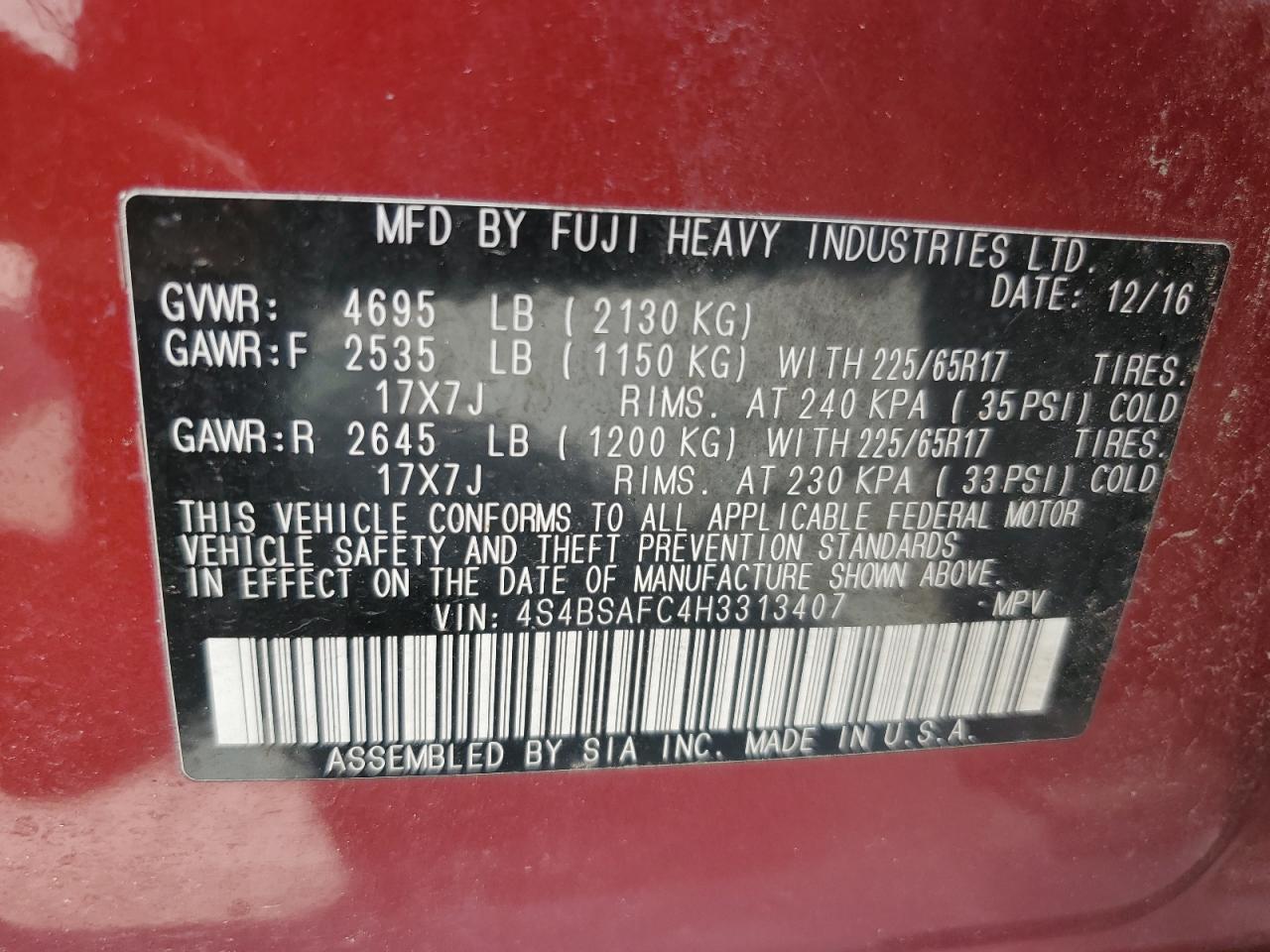 4S4BSAFC4H3313407 2017 Subaru Outback 2.5I Premium