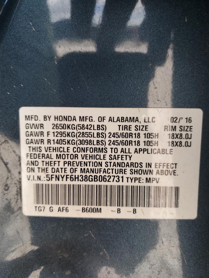 5FNYF6H38GB062731 2016 Honda Pilot Ex