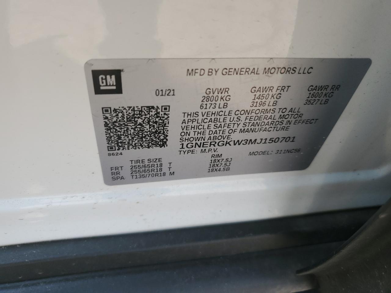 1GNERGKW3MJ150701 2021 Chevrolet Traverse Lt