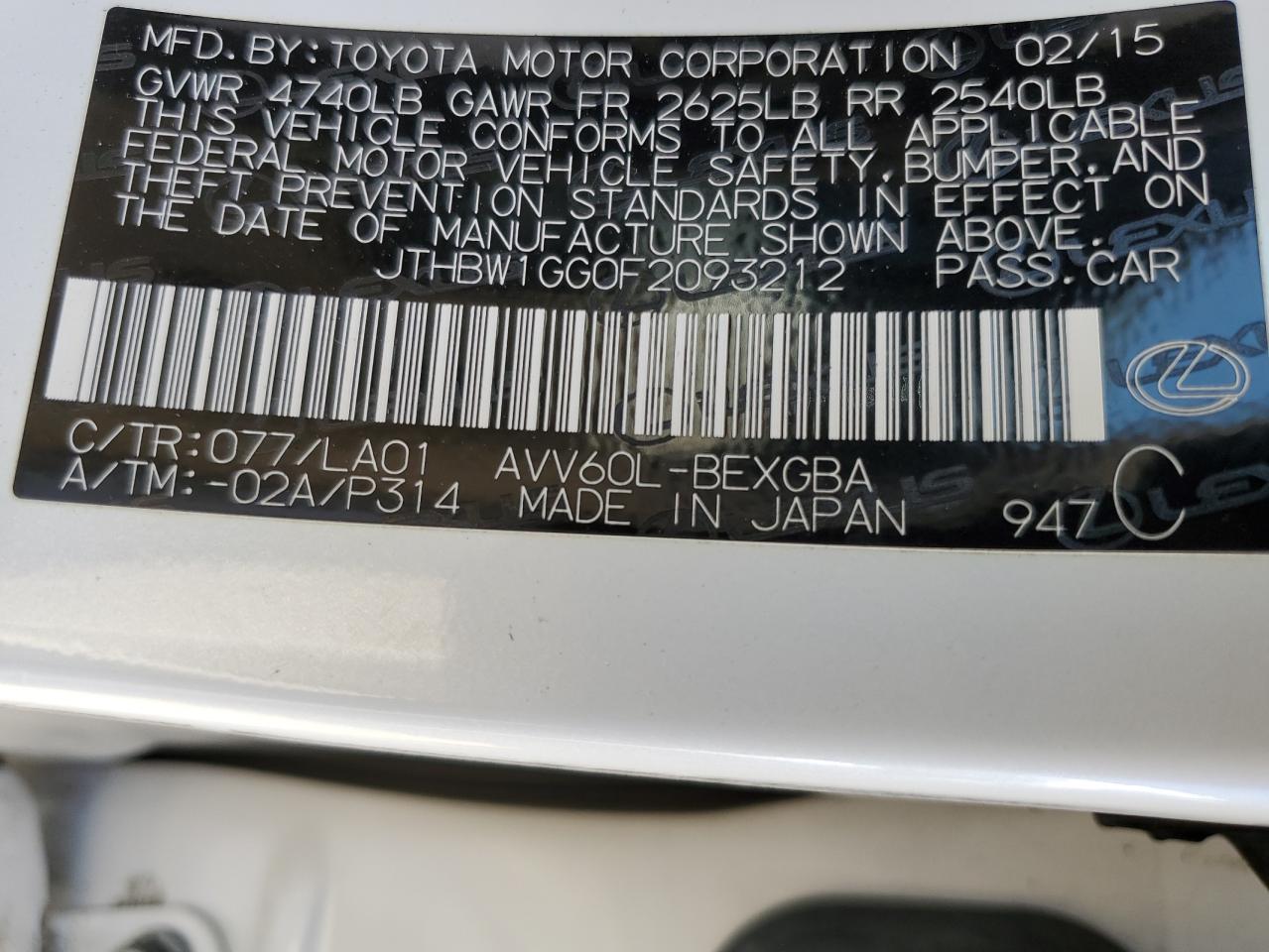 JTHBW1GG0F2093212 2015 Lexus Es 300H