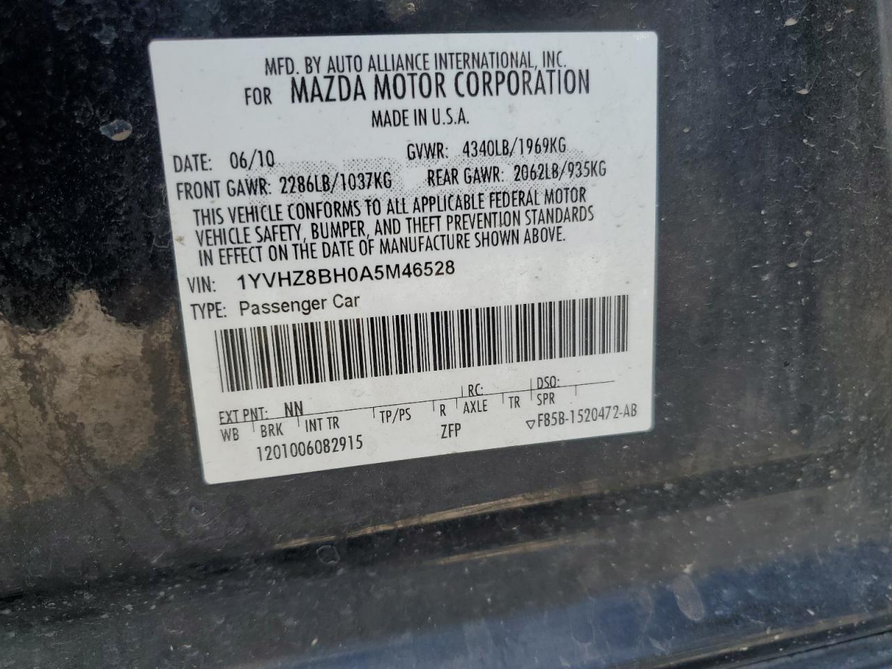 1YVHZ8BH0A5M46528 2010 Mazda 6 I