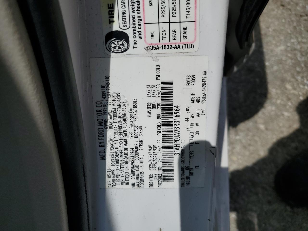 3FAHP0JA9BR316964 2011 Ford Fusion Sel