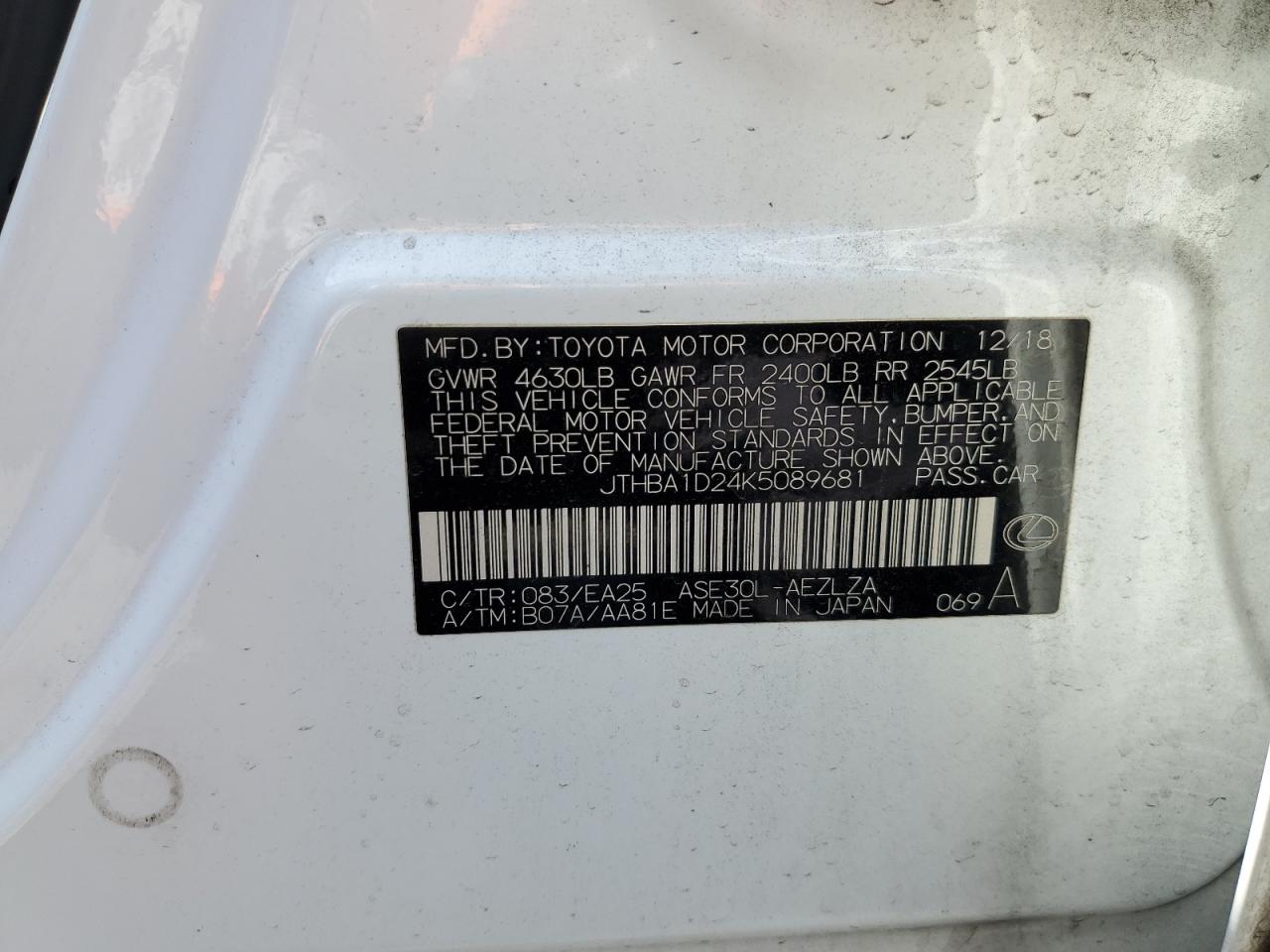 JTHBA1D24K5089681 2019 Lexus Is 300