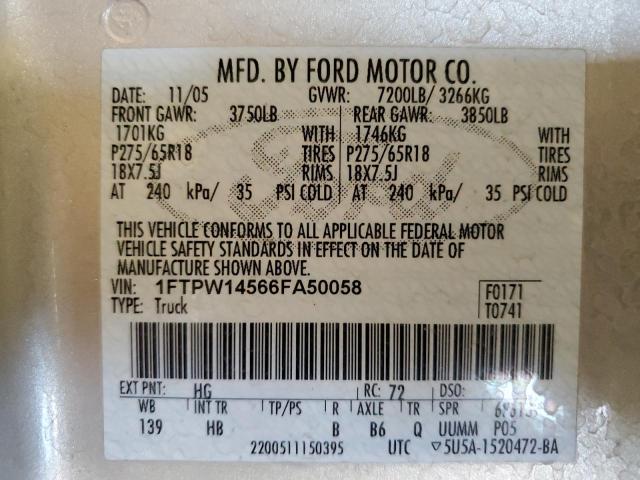 2006 Ford F150 Supercrew VIN: 1FTPW14566FA50058 Lot: 60258264
